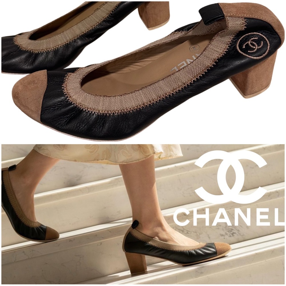 Vintage Chanel Black Suede Cap Toe Block Heel Pumps Shoes Size EU 39/ US 8